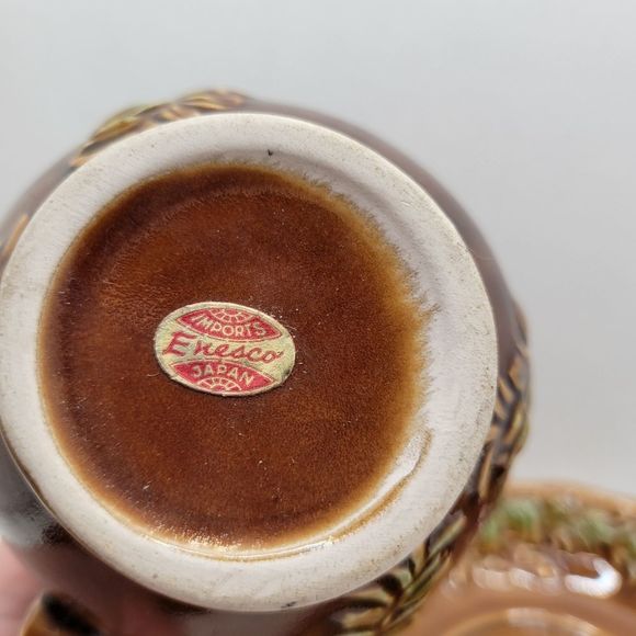 Vintage Japan Pottery Small Water Pitcher and Basin in Brown with Raised Florals - Picture 8 of 12